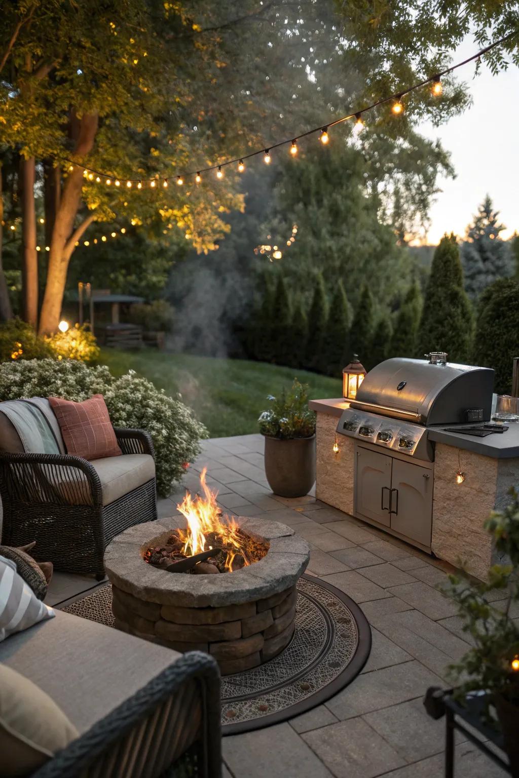 A fire pit adds warmth and a cozy vibe to your grilling area.