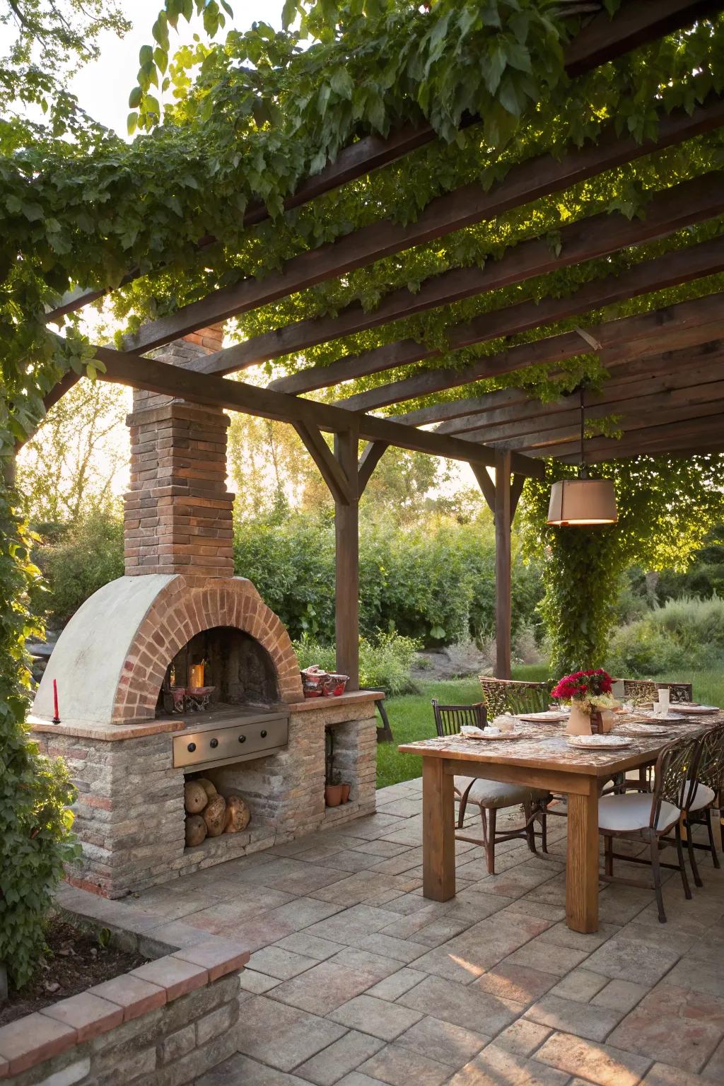A pergola-shaded pizza oven creates a charming and functional outdoor space.