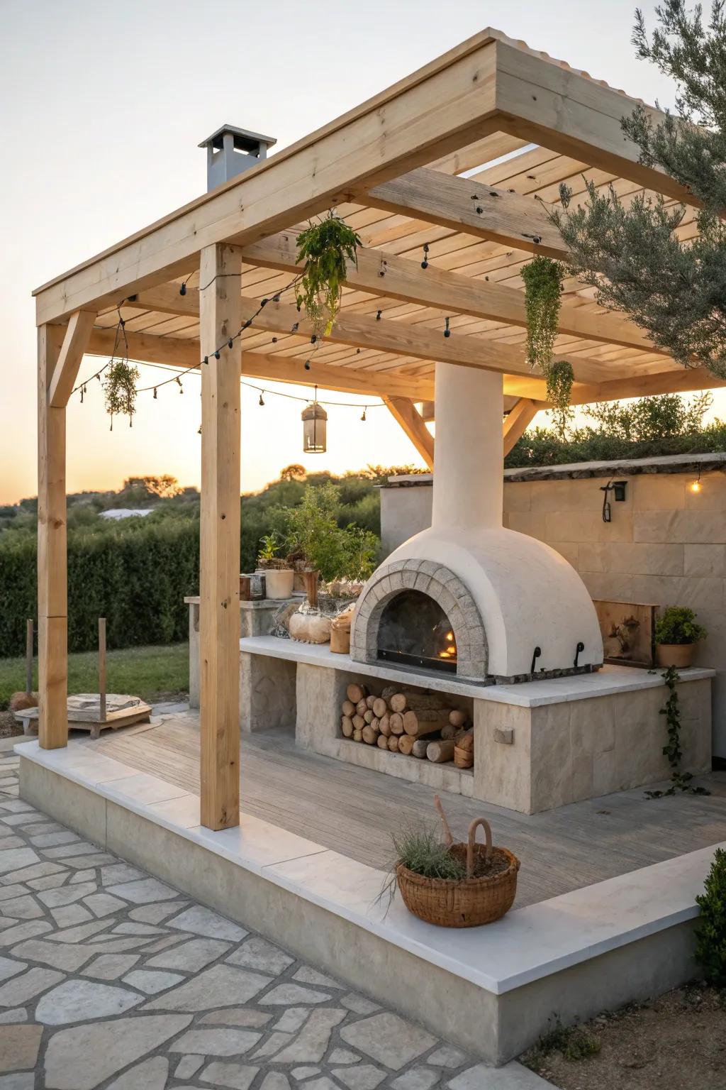 Transform your outdoor space into a cozy haven with a pergola-framed pizza oven—where simplicity meets elegance.