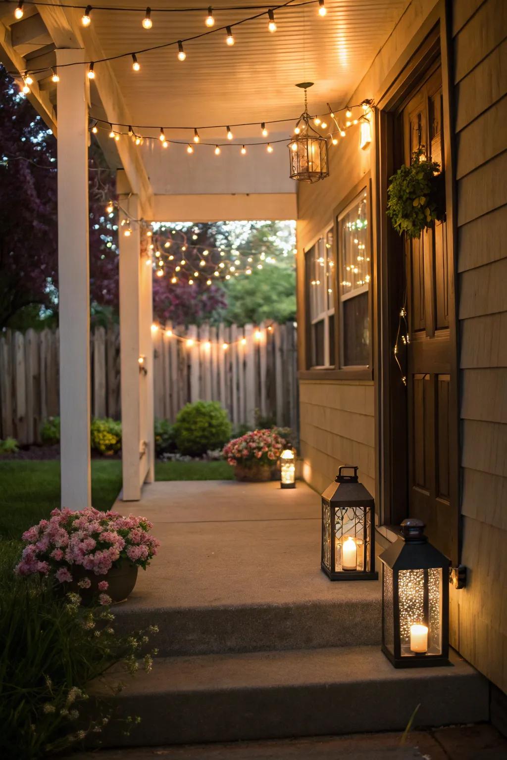 String lights and lanterns cast a warm, inviting glow over this porch.