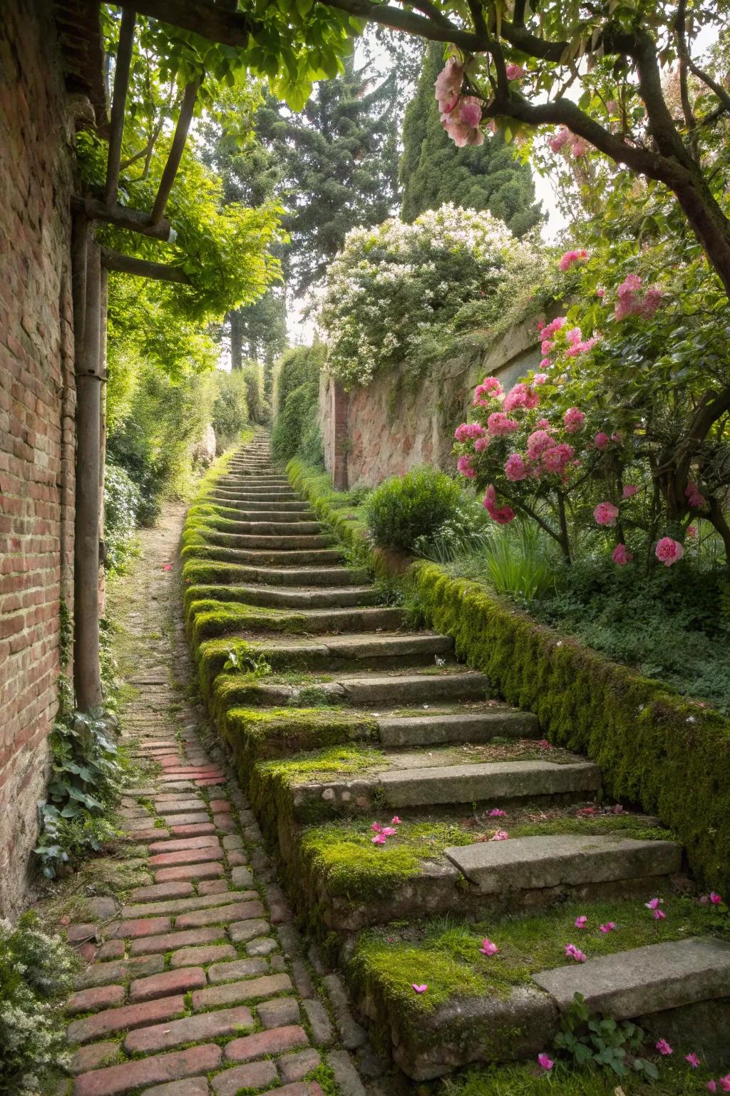 Brick steps lend a vintage charm, creating a nostalgic garden pathway.