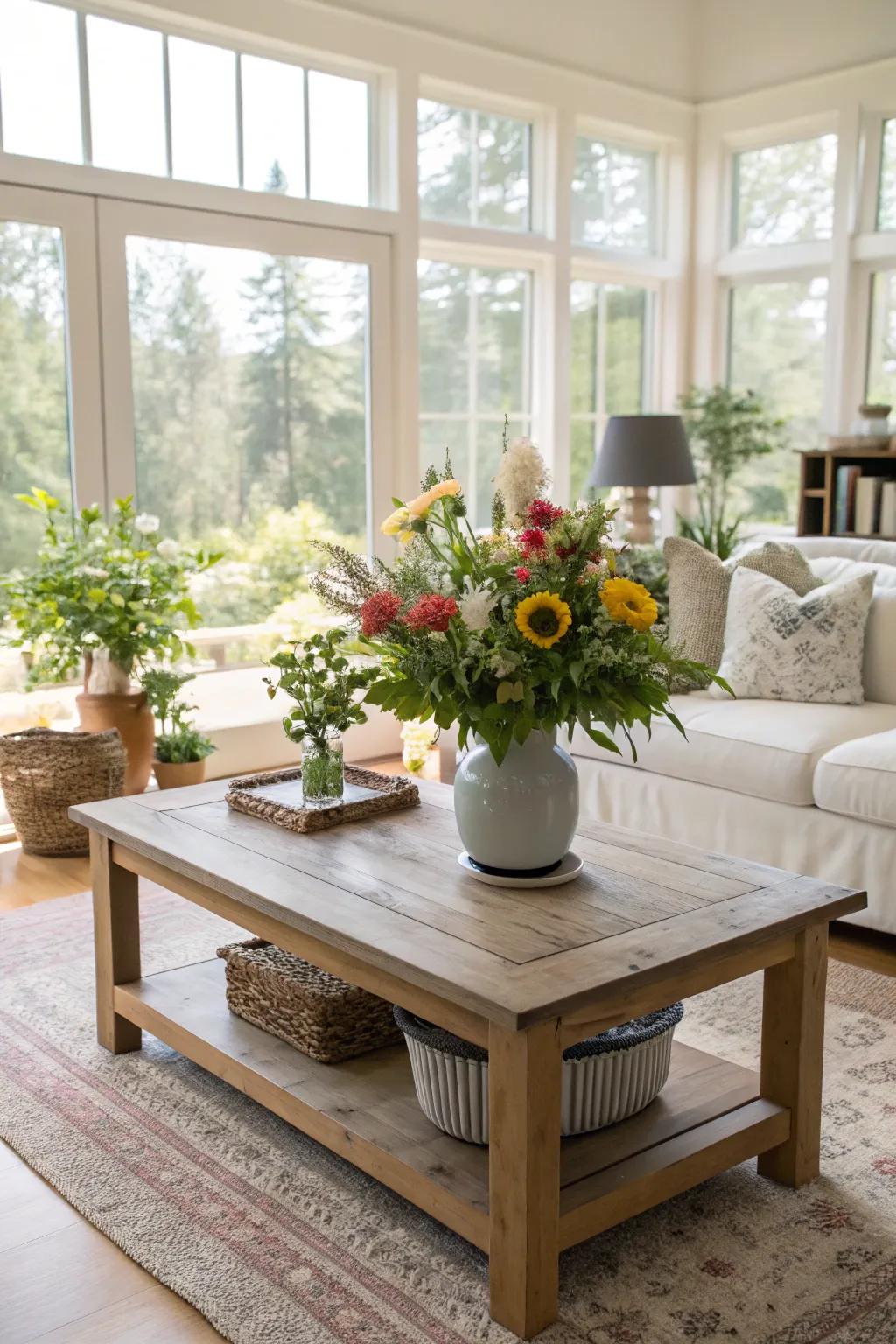 Greenery on a coffee table adds freshness and a touch of nature.