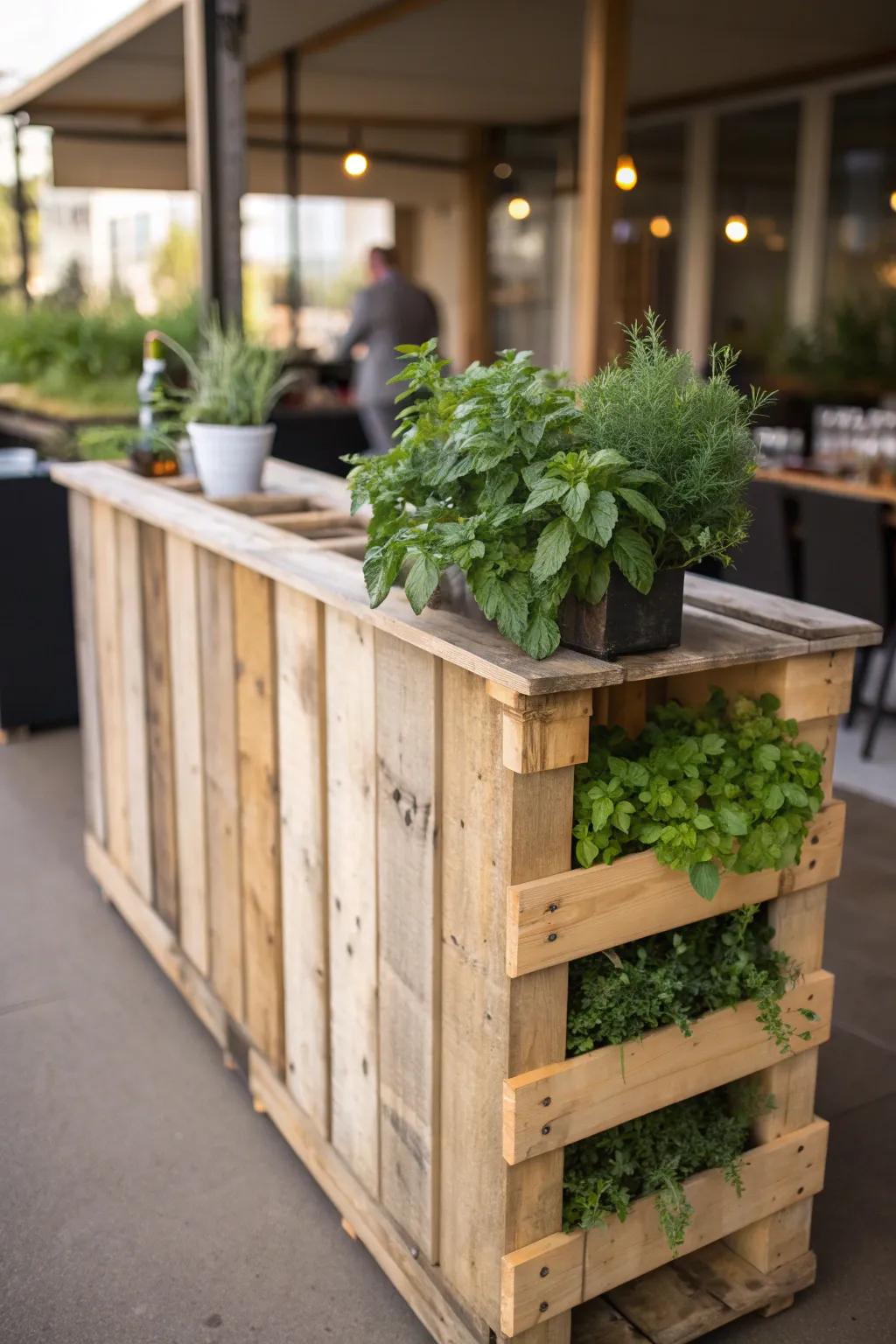 Elevate your outdoor space with a pallet bar that blends craftsmanship with nature, featuring a built-in herb planter for fresh garnishes.