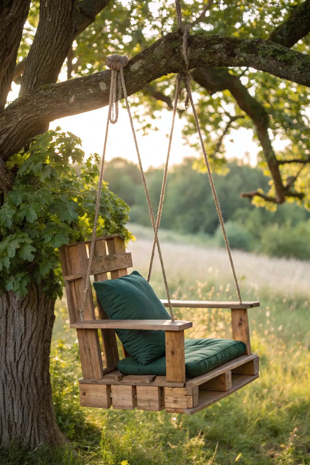 Find solitude and style with this upcycled pallet chair swing, the perfect spot for a peaceful retreat.
