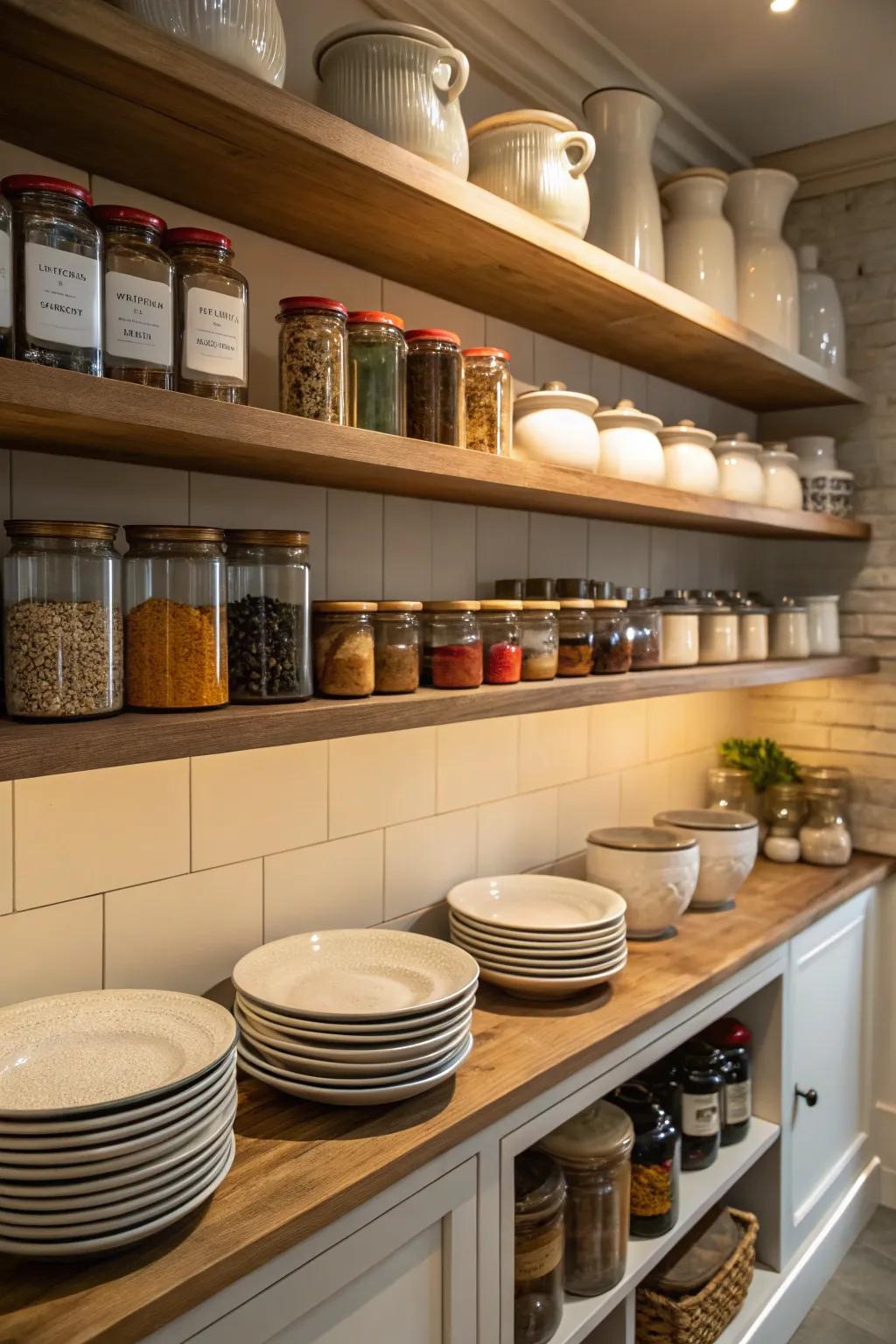 A pantry equipped with open shelves that display containers and ceramic dishes.