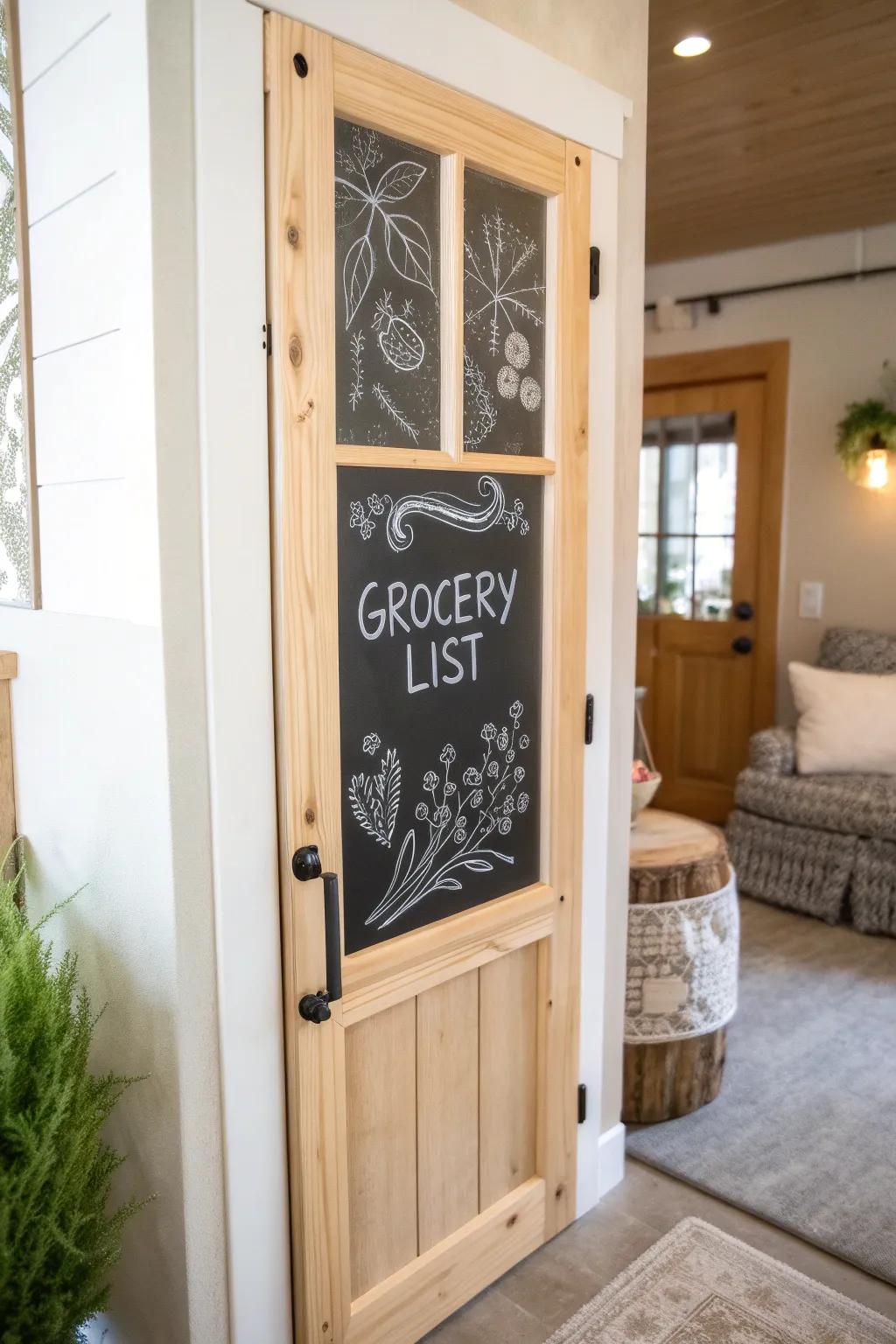 Elevate your pantry with a chic chalkboard door for notes and creativity!