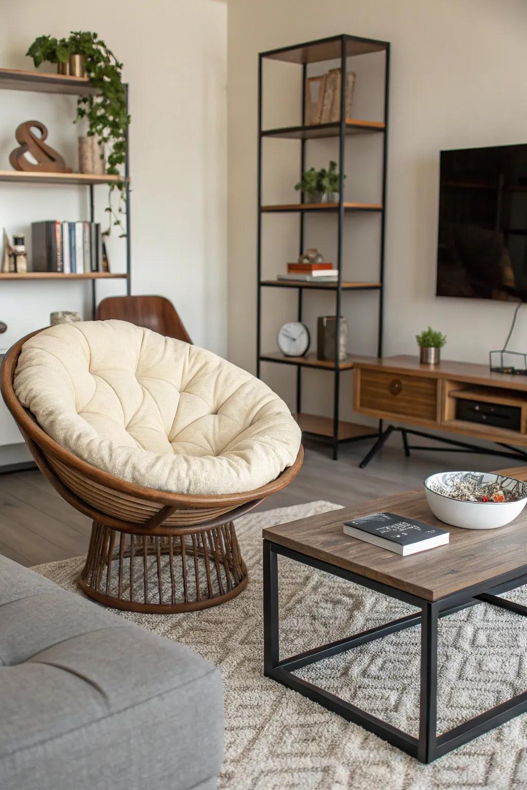 A perfect blend of modern and cozy with a papasan chair.