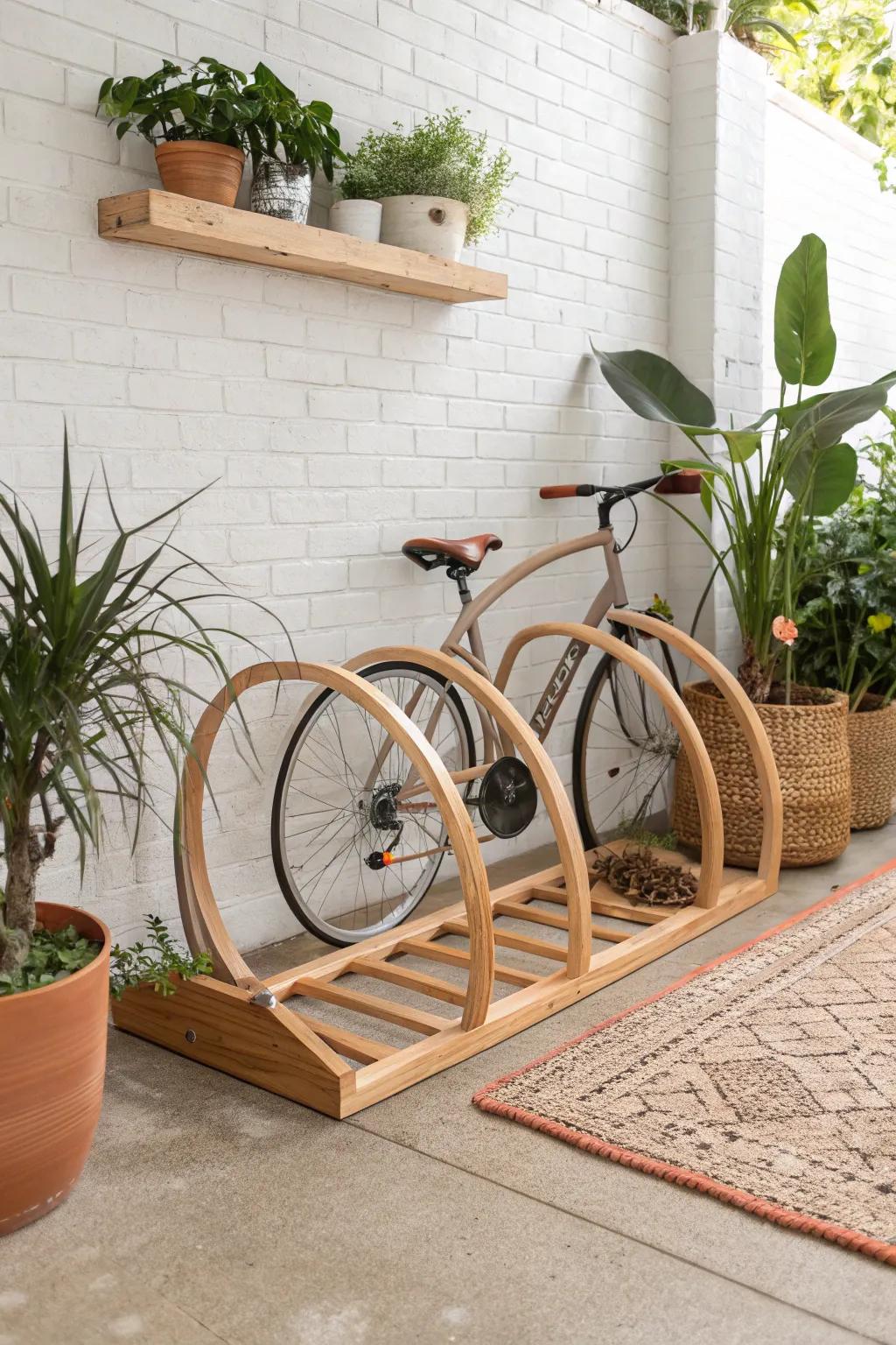A welcoming spot for cyclists: Embrace simplicity and style with this beautifully crafted bike rack in a serene parklet setting. 🚴‍♀️🌿 #ScandinavianDesign #CyclistFriendly