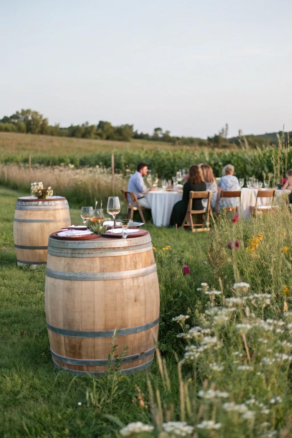 Grape casks employed as tables in the pasture.