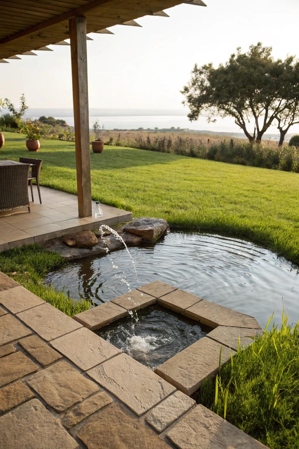 Water features offer a soothing transition from patio to lawn.