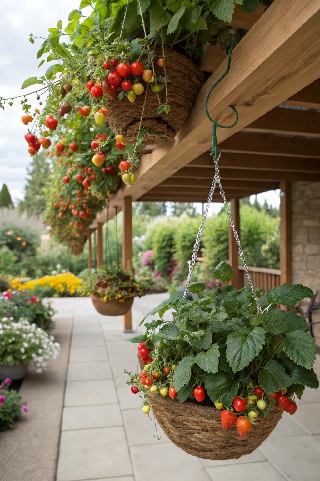 Hanging baskets add vertical charm and accessibility.