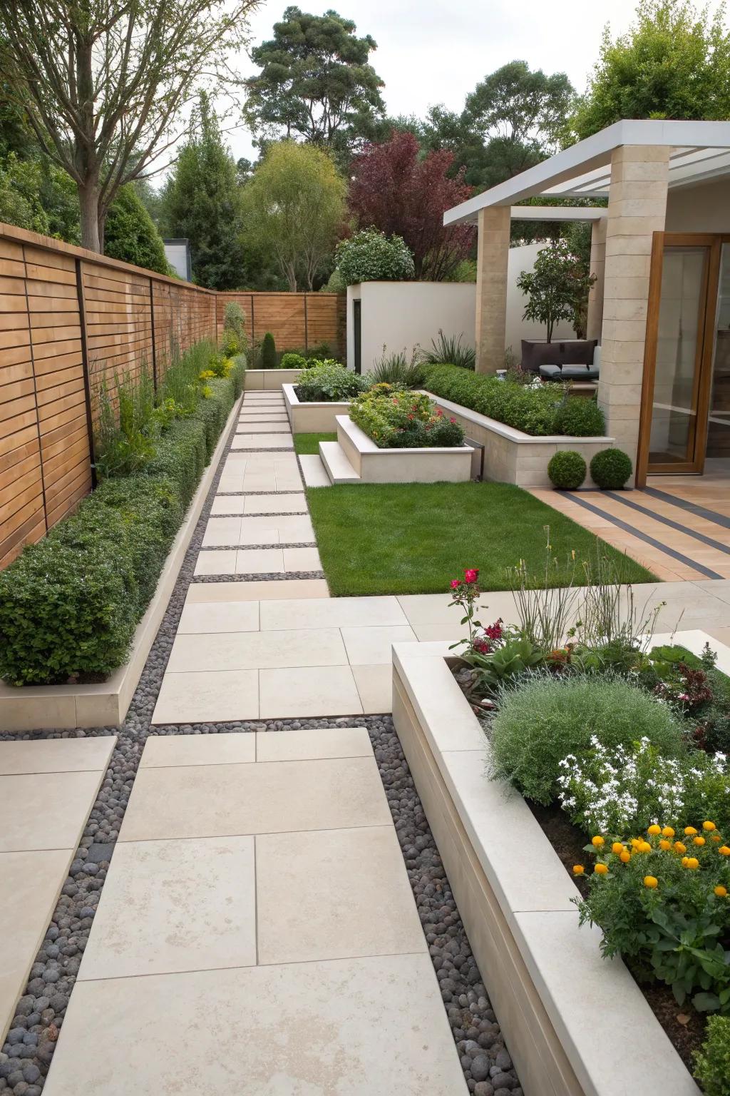 Contemporary aesthetics with block flower beds.