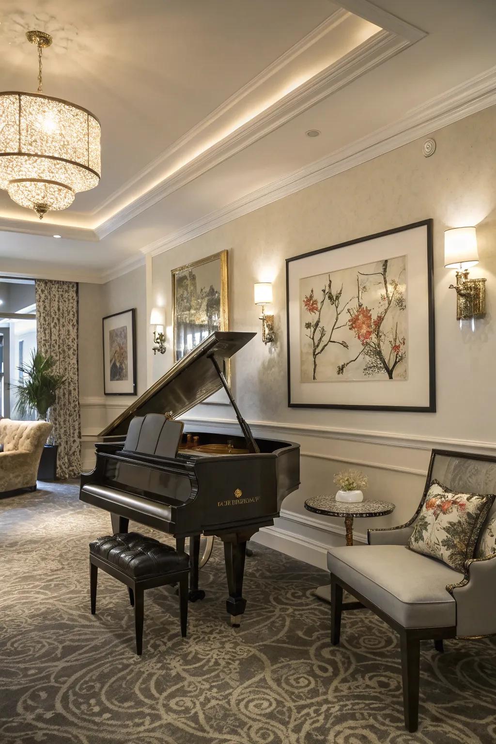 Wall decor enlivens and turns the piano space into a gallery.