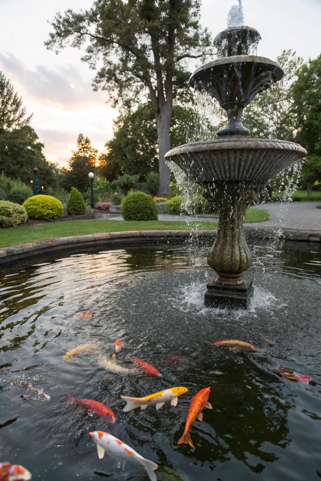 Koi fish bring vibrant life to your pond fountain, creating a lively atmosphere.
