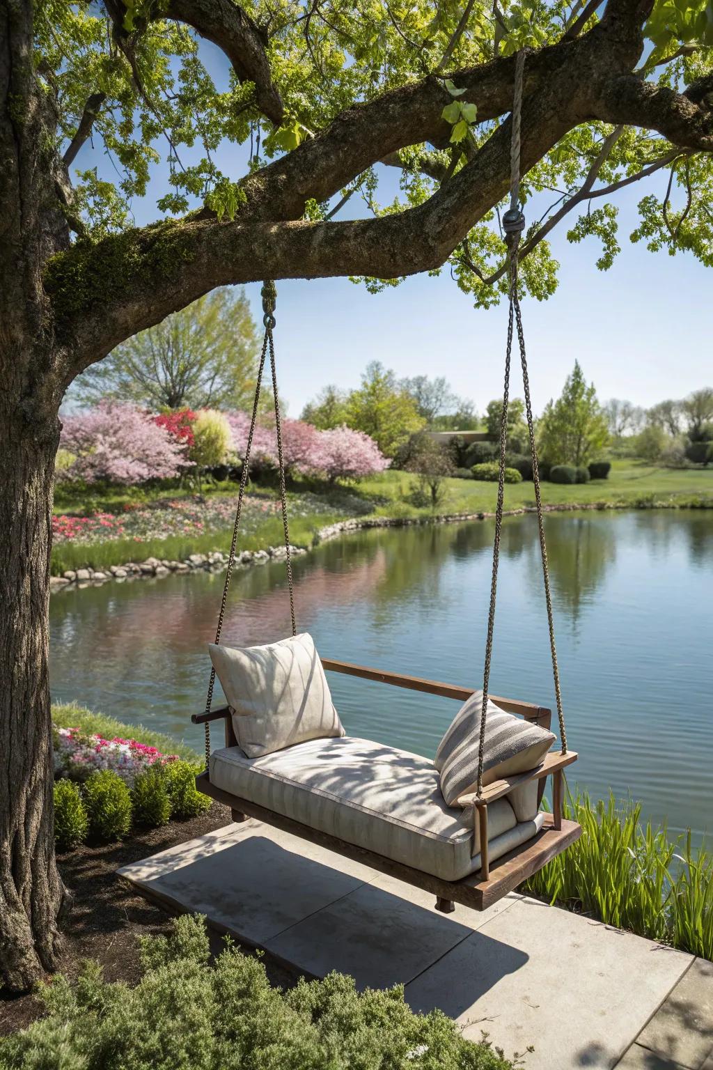 A garden swing adds charm and relaxation to the pond area.