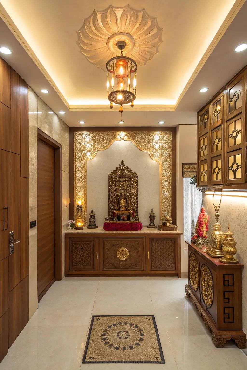 Warm colors and gold accents for an inviting and sacred pooja room.