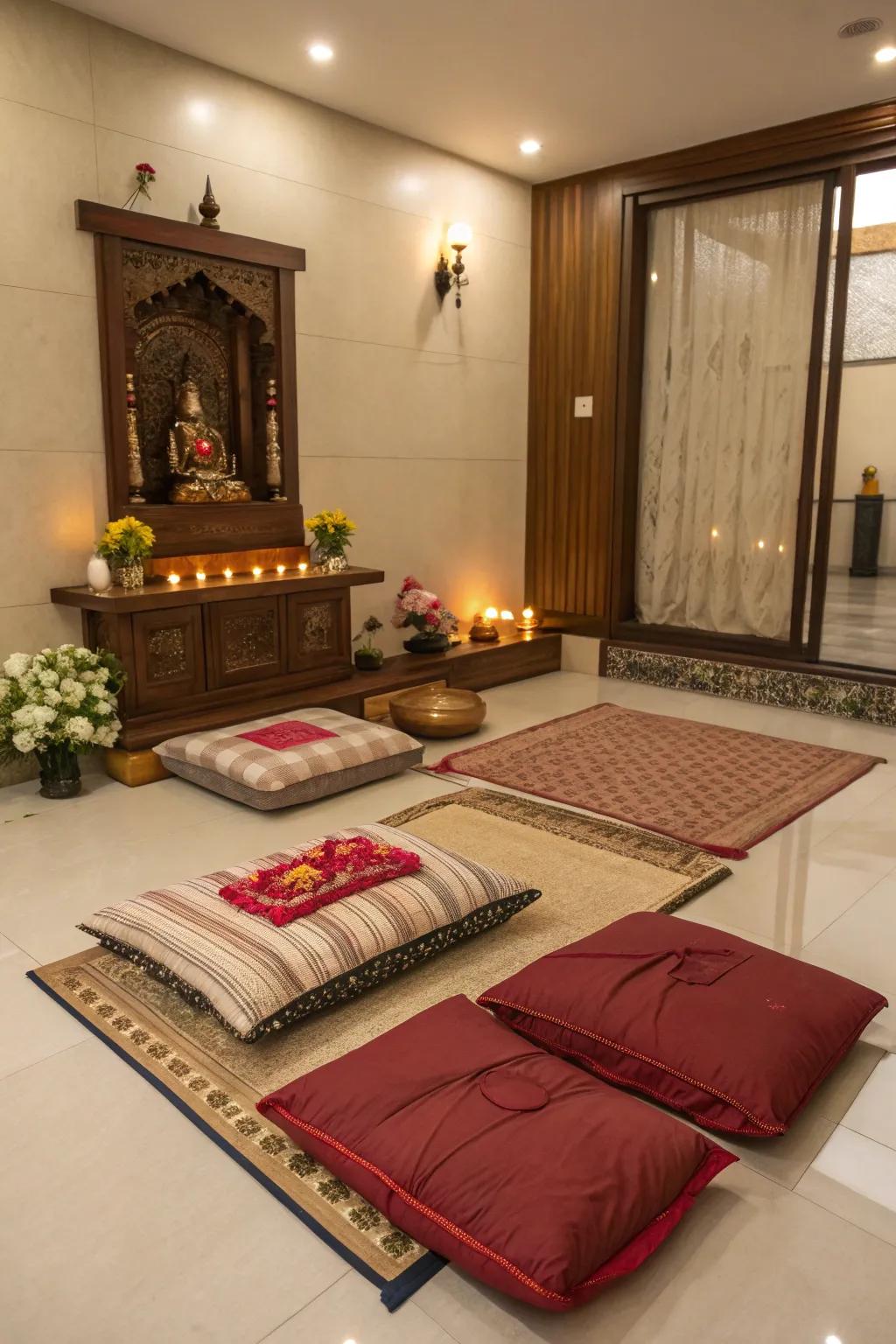 Comfy floor comfort improves the welcoming feel of this pooja room.