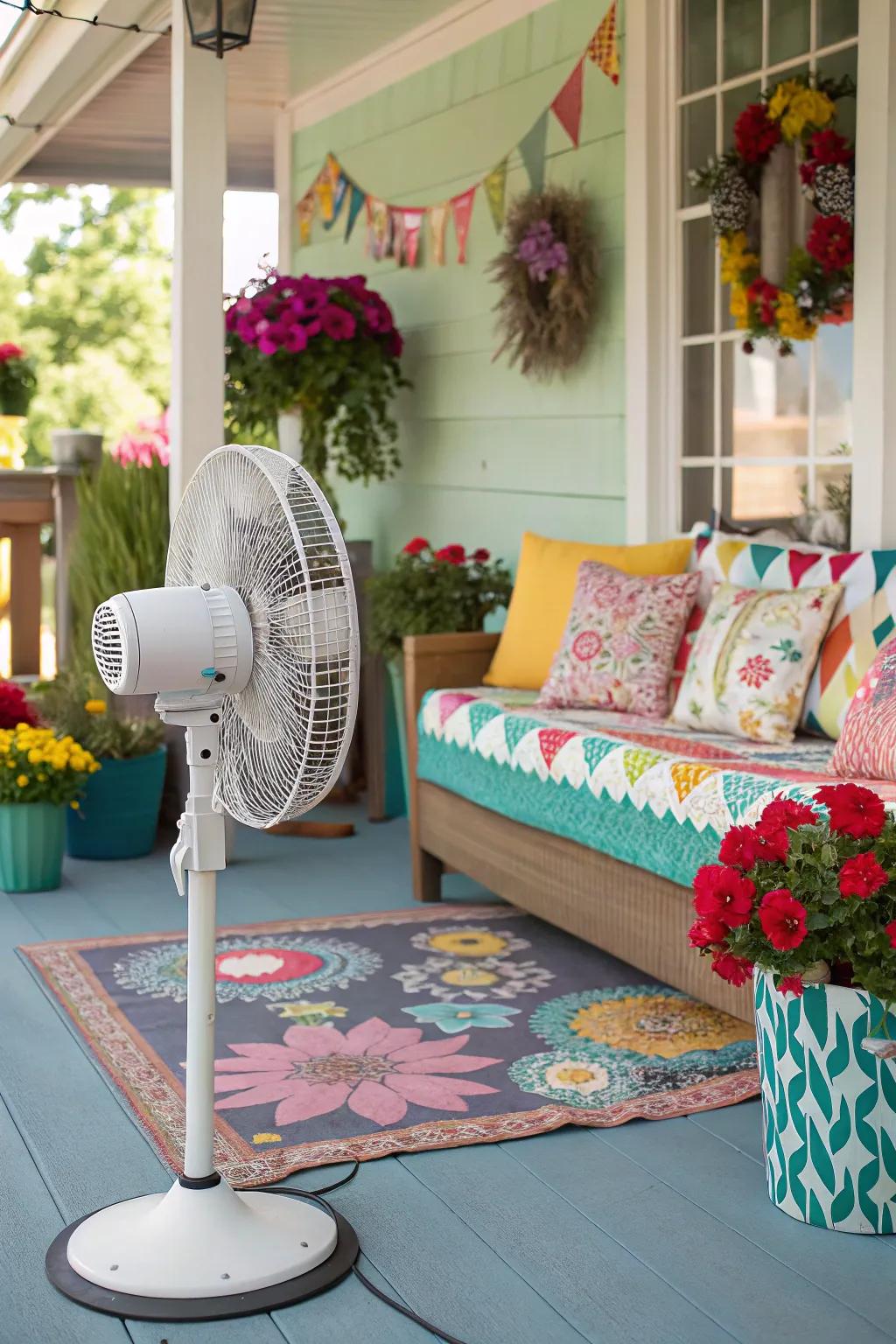 A portable standing fan provides flexible cooling on this lively porch.