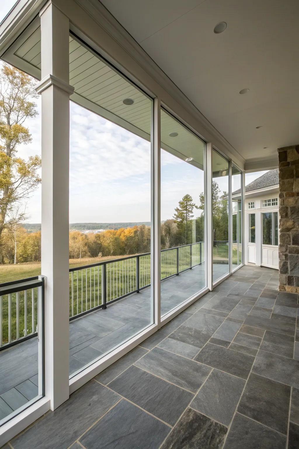 A modern porch with glass-accented knee walls.
