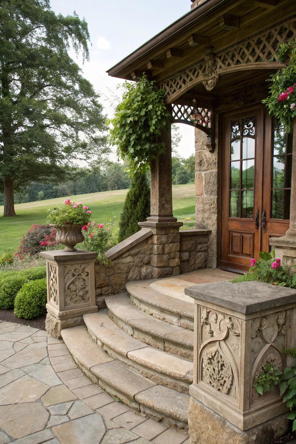 Classic elegance with stonework and steps.