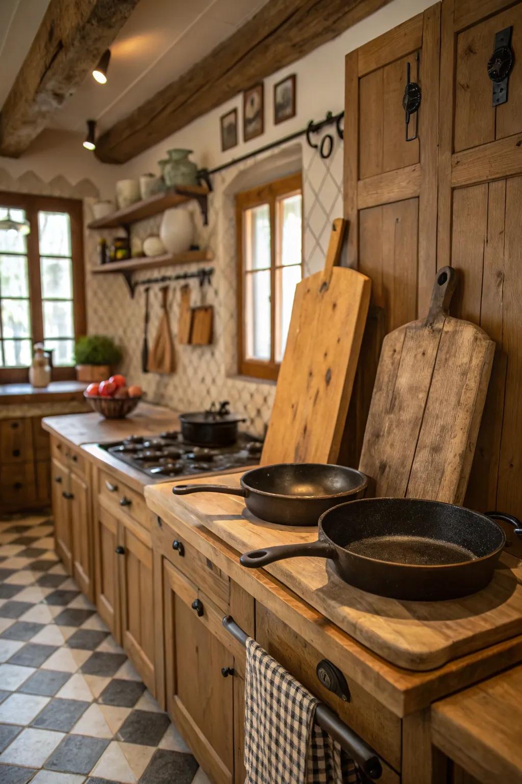 Functional decor like cutting boards adds both utility and style.