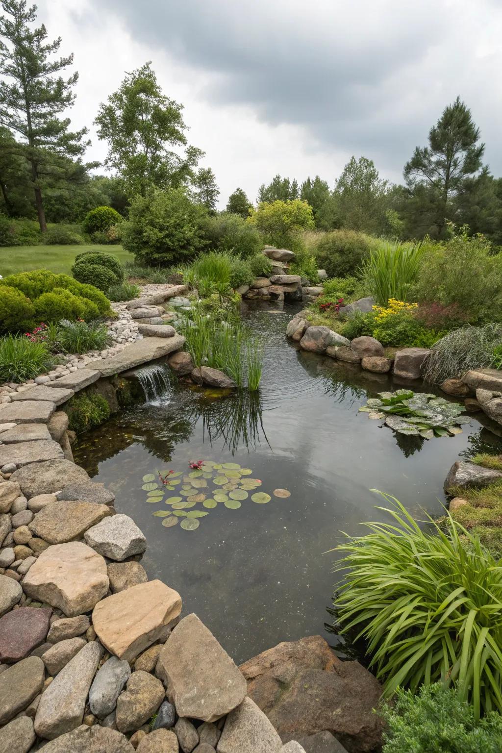 Elevate your garden with a natural pond that marries function and beauty. #Craftsmanship #GardenDesign