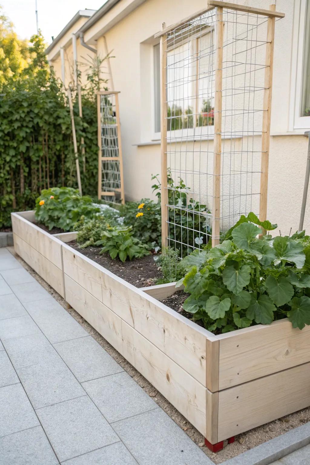 Elevate your garden's aesthetic with a minimalist wire panel trellis - where modern design meets natural charm.
