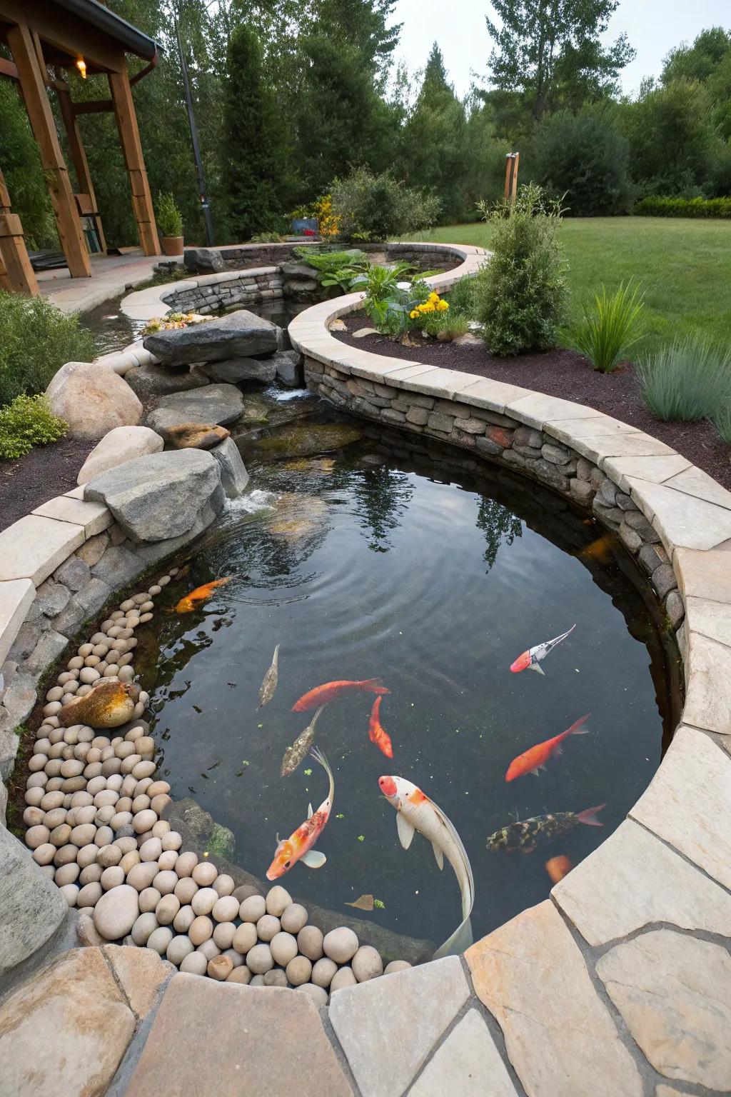 A distinctively molded elevated koi pond that fascinates.