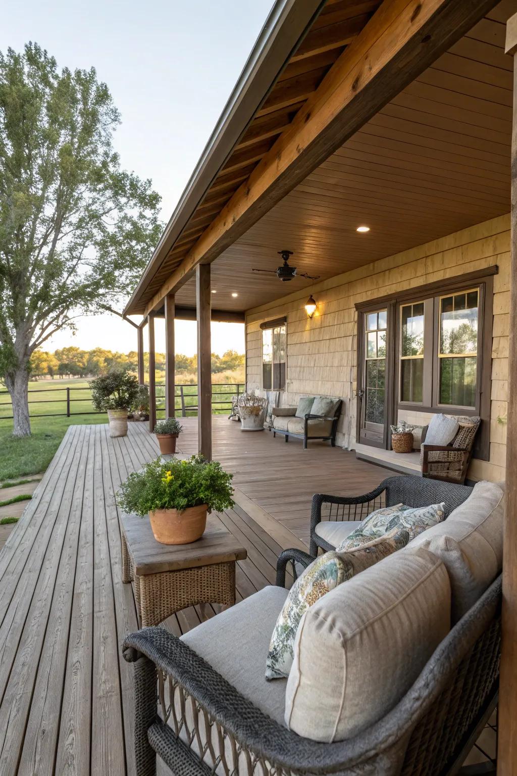 A wooden porch provides a perfect spot for relaxation at this ranch home.