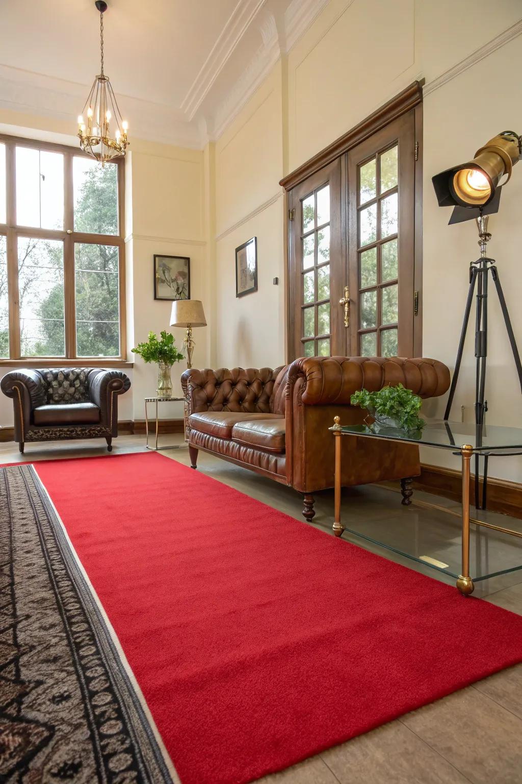 A balanced combination of old-fashioned and contemporary factors on a crimson carpet backdrop.
