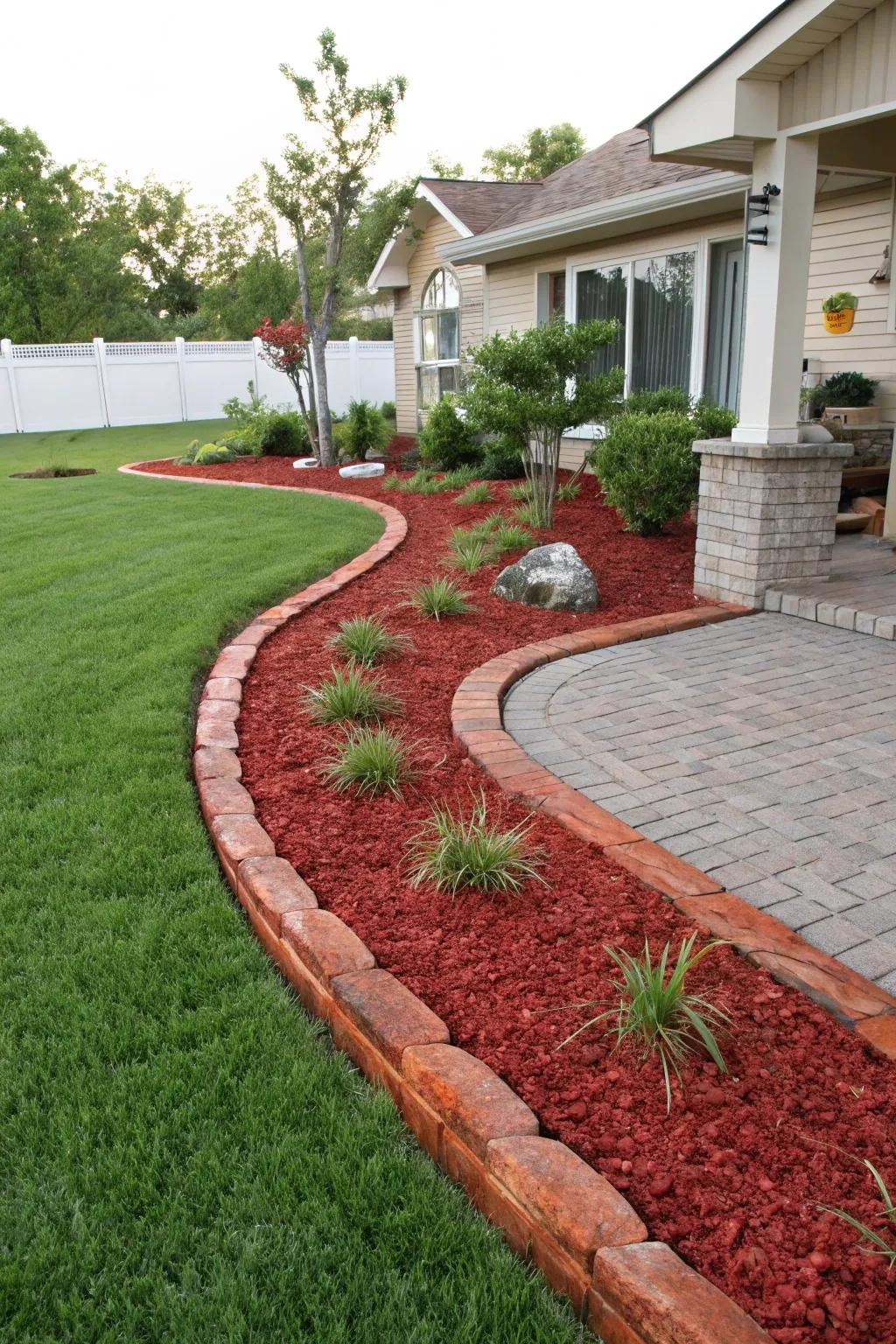 Decorative red mulch borders provide a polished and tidy garden look.