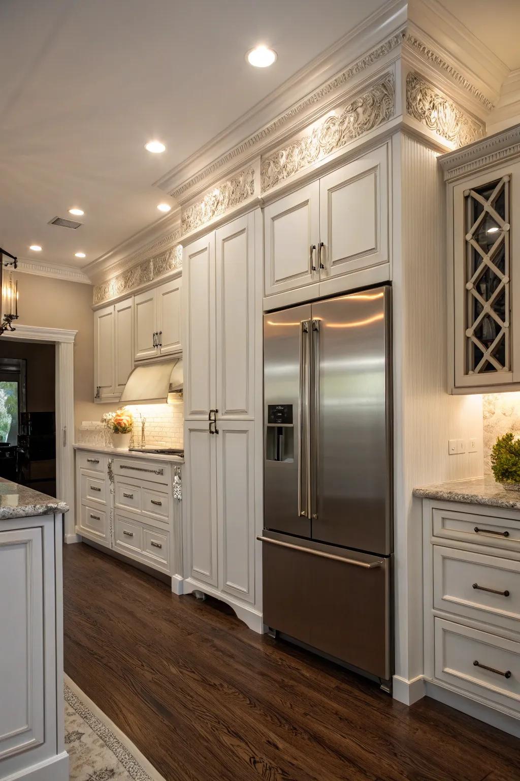 Decorative trim around the refrigerator gives the kitchen a finished and elegant look.