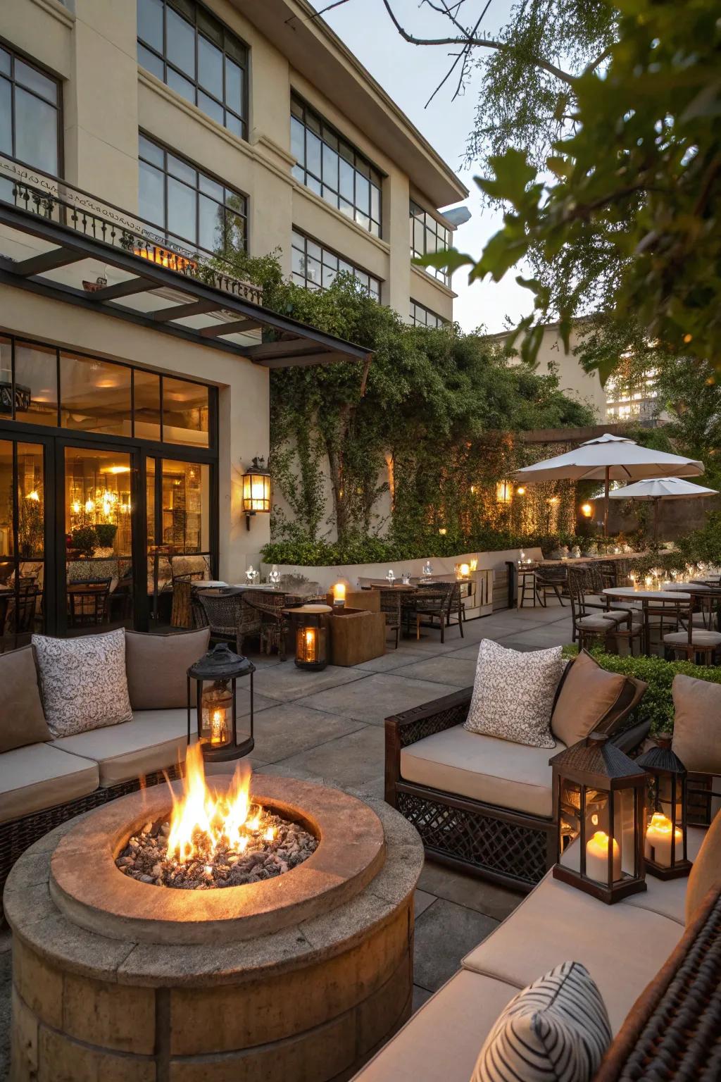 A restaurant patio with a fire pit as the focal point, creating warmth and ambiance.