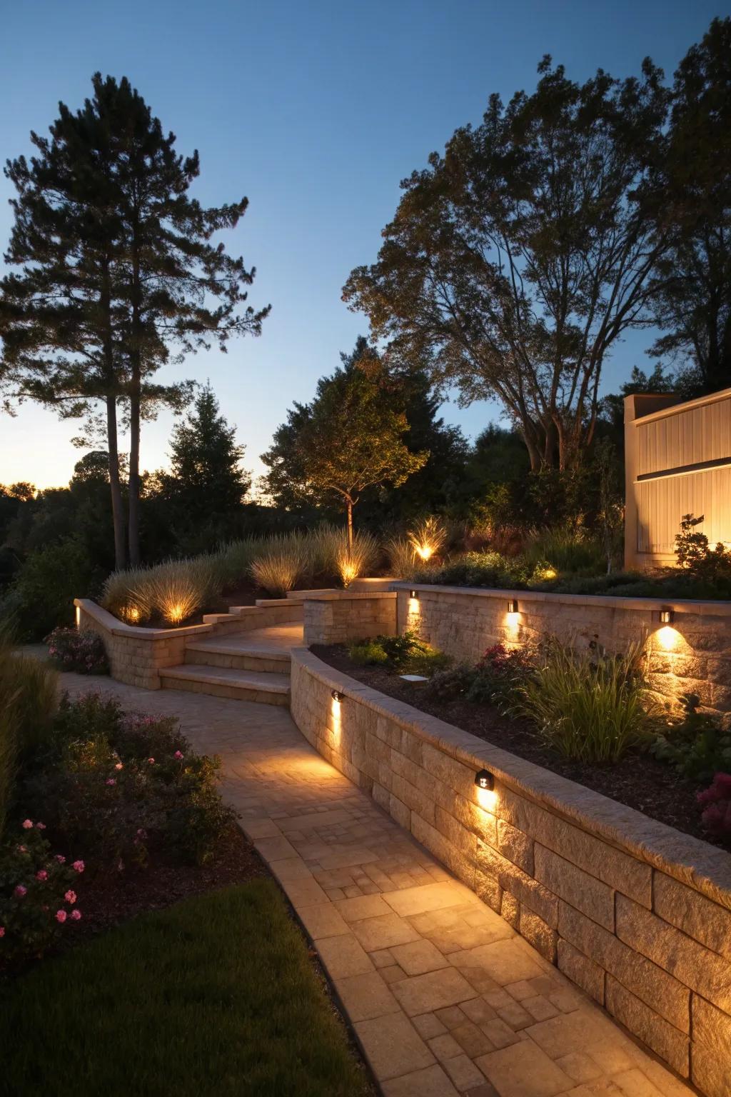 Retaining walls beautifully illuminated with decorative lighting.