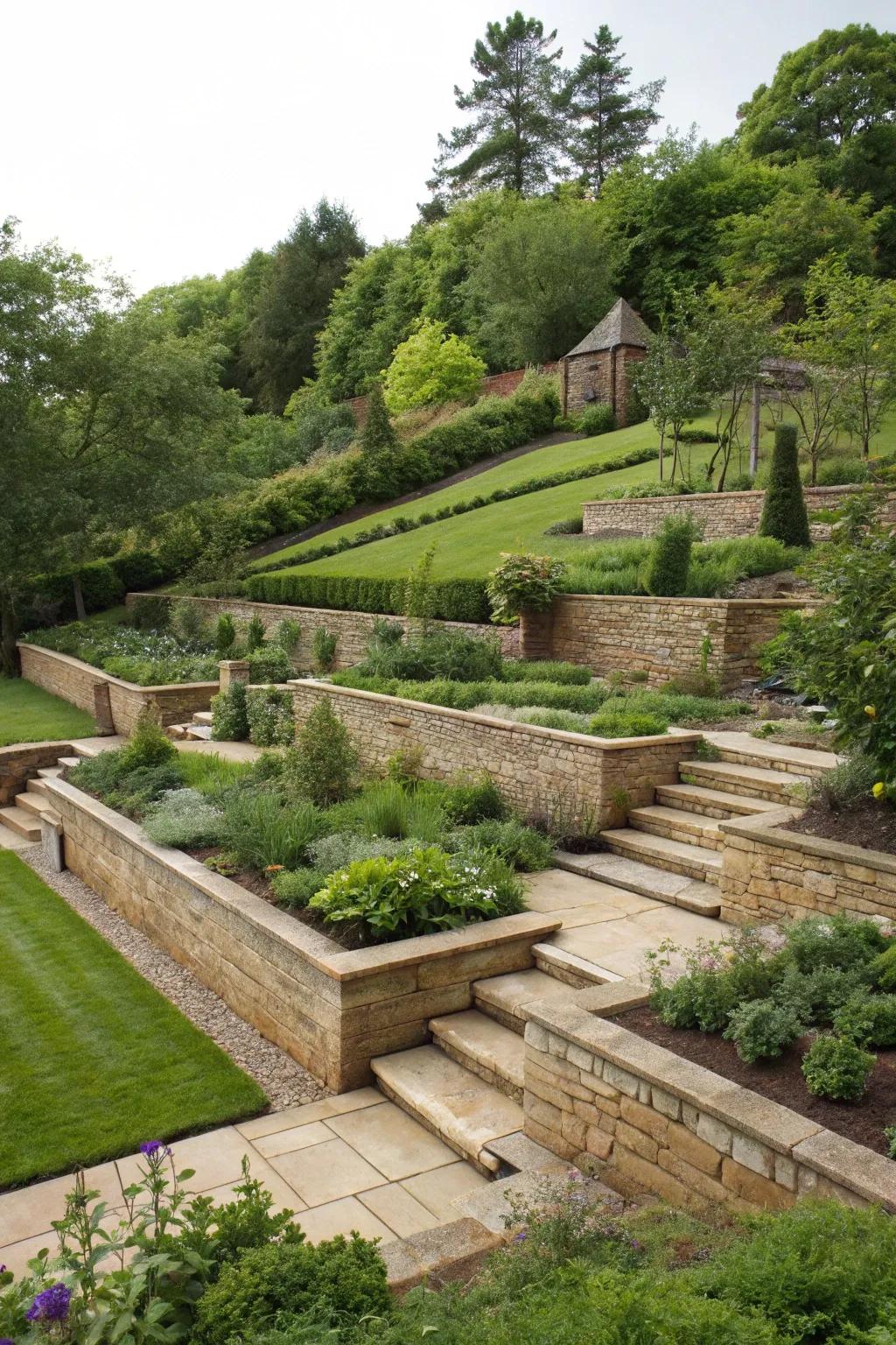 Sloped garden transformed with supporting structures into practical and beautiful terraces.