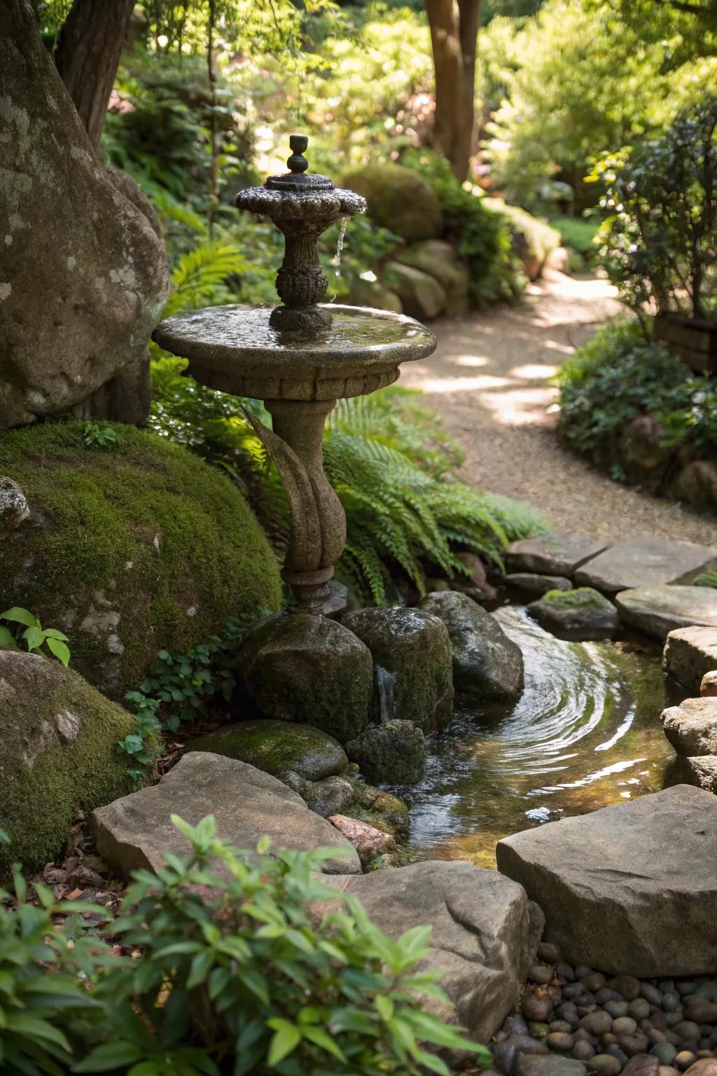 A water element with stones promotes a peaceful garden atmosphere.