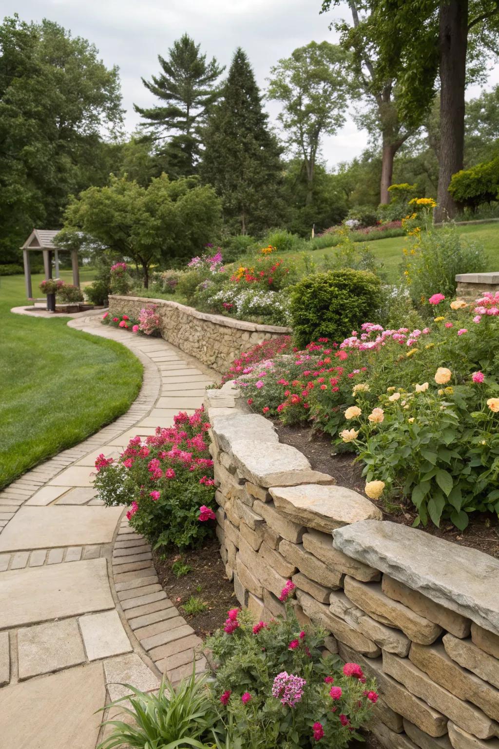 Piled stones fashion a sophisticated border around a lively garden plot.