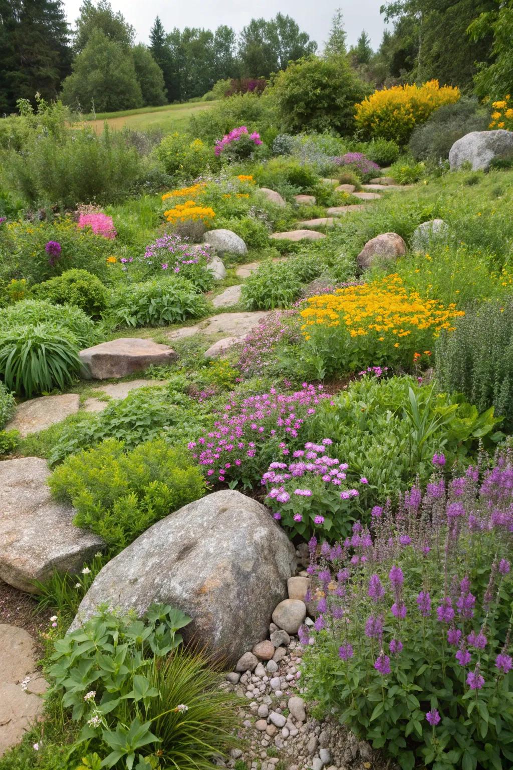 A harmonious fusion of herbs and blossoms nestled among garden stones.