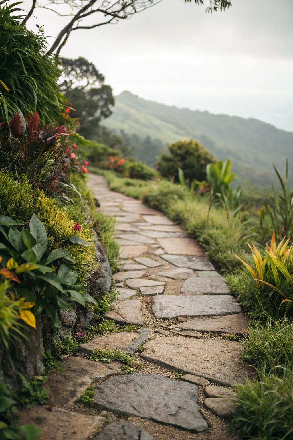 Plants along the walkway provide a lush and inviting ambiance.