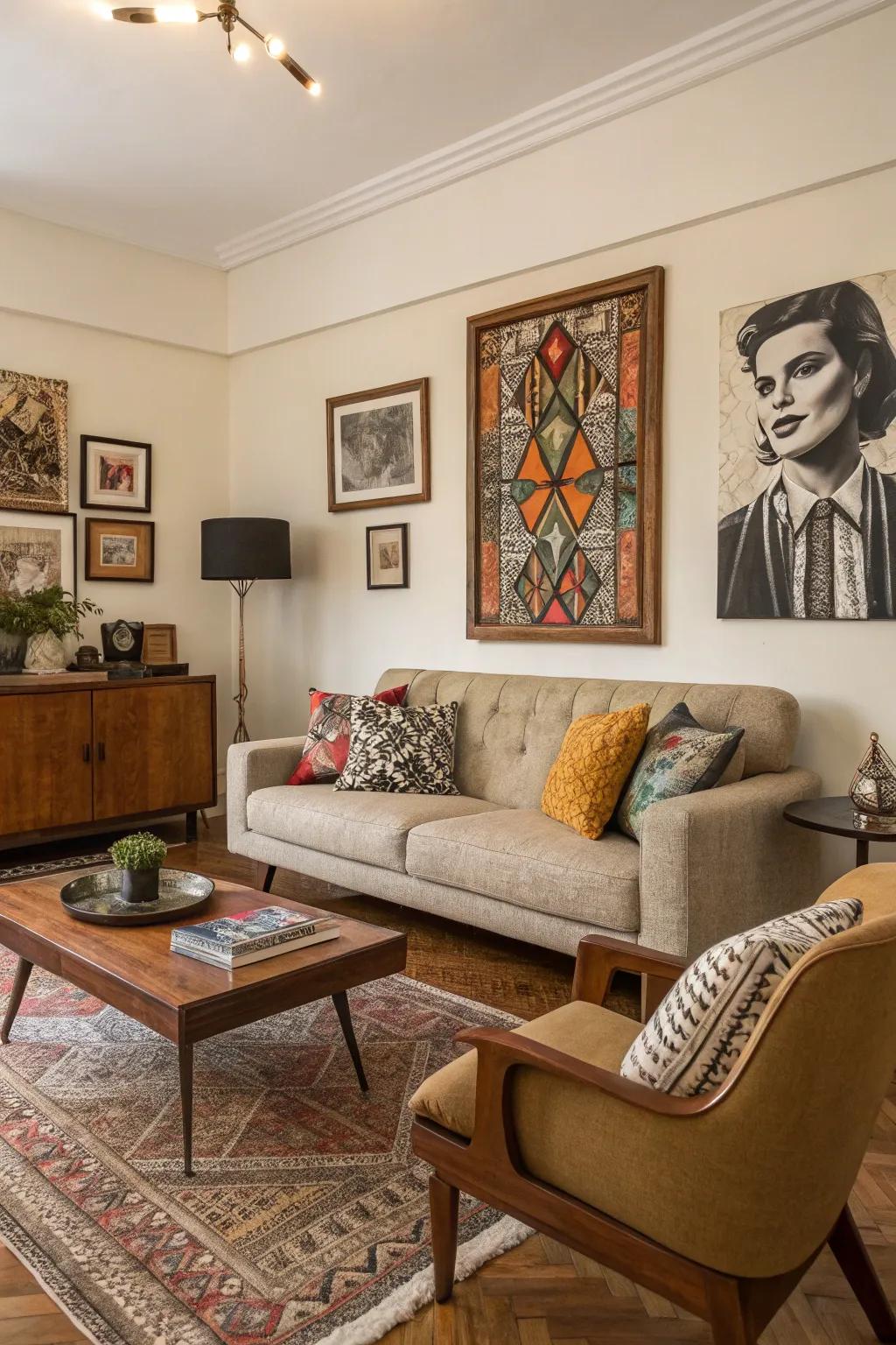 A customized living room featuring a carefully chosen mix of art and decor.