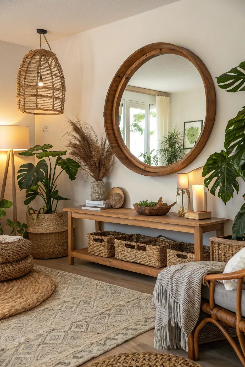 A wood-framed circular mirror enhances the warmth of a rustic living space.