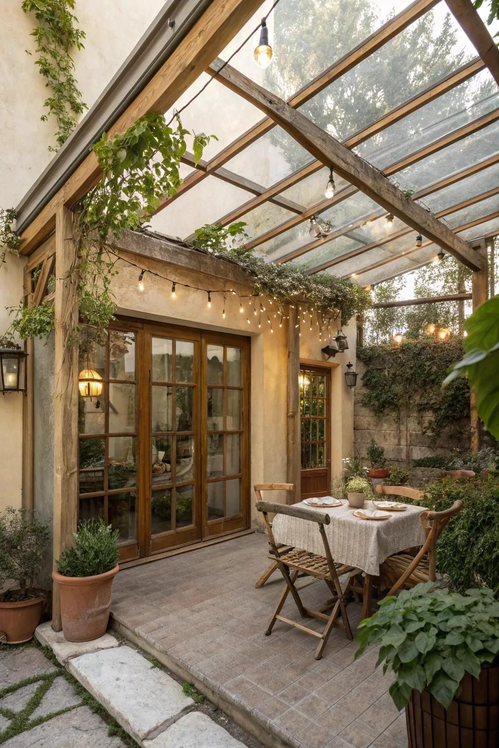 Rustic glass awnings offer light and charm.