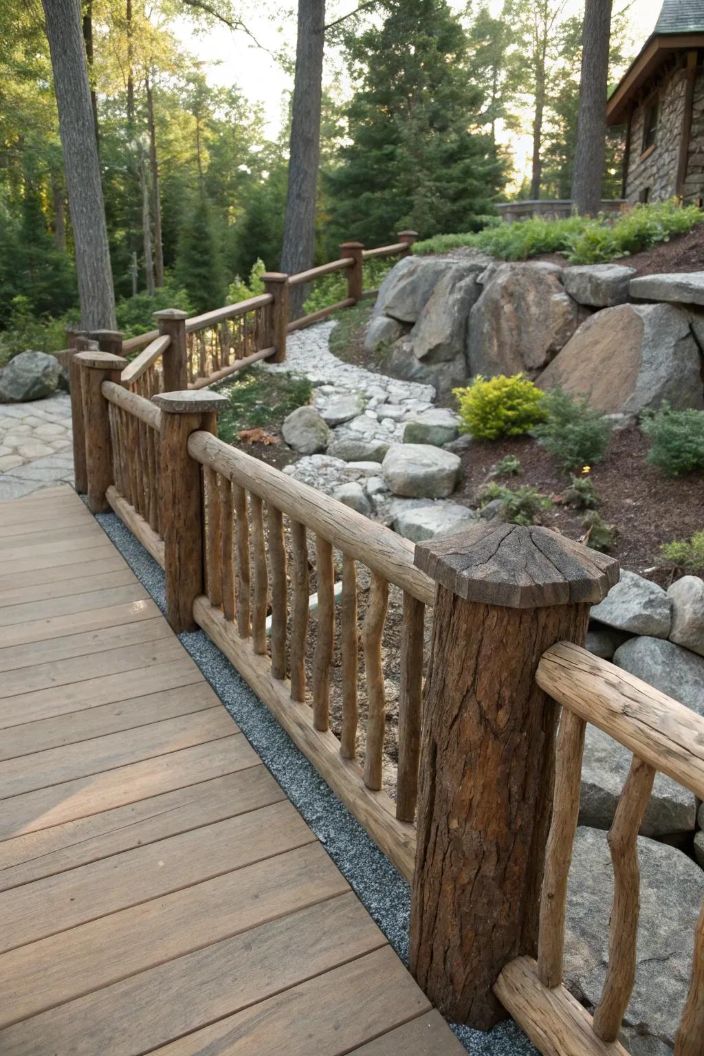 Embrace natural elements with log and stone railings.