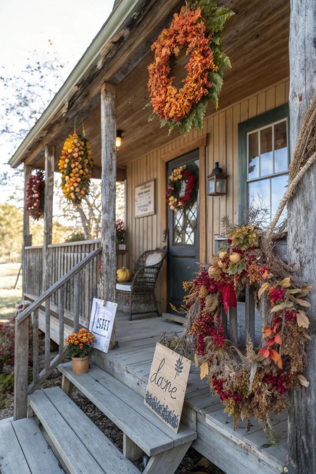 Decorative wreaths and signs personalize a rustic porch.