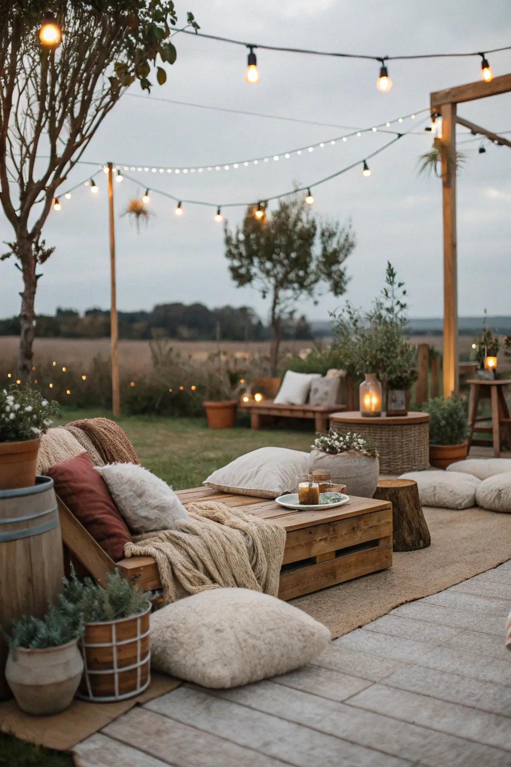 A cozy rustic seating area in the garden.