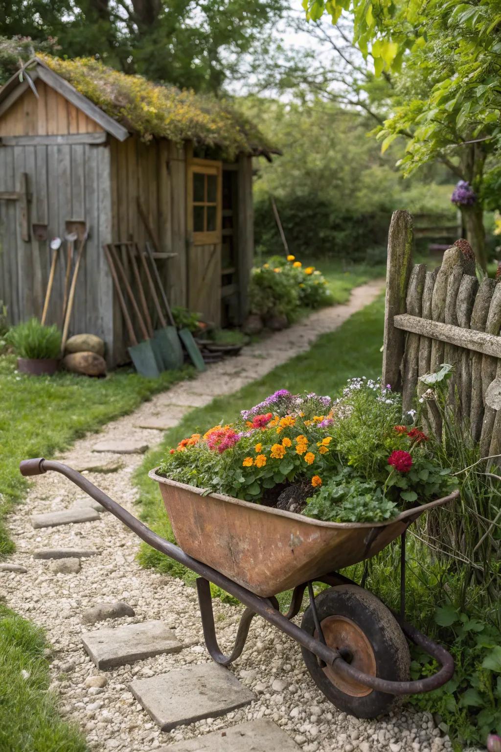 An antique wheelbarrow planter nestled in a countryside garden.