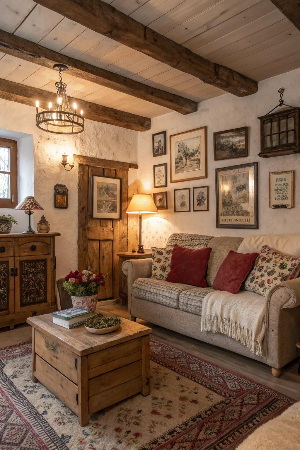 Vintage wall decor gives character and backstory to country-style living areas.