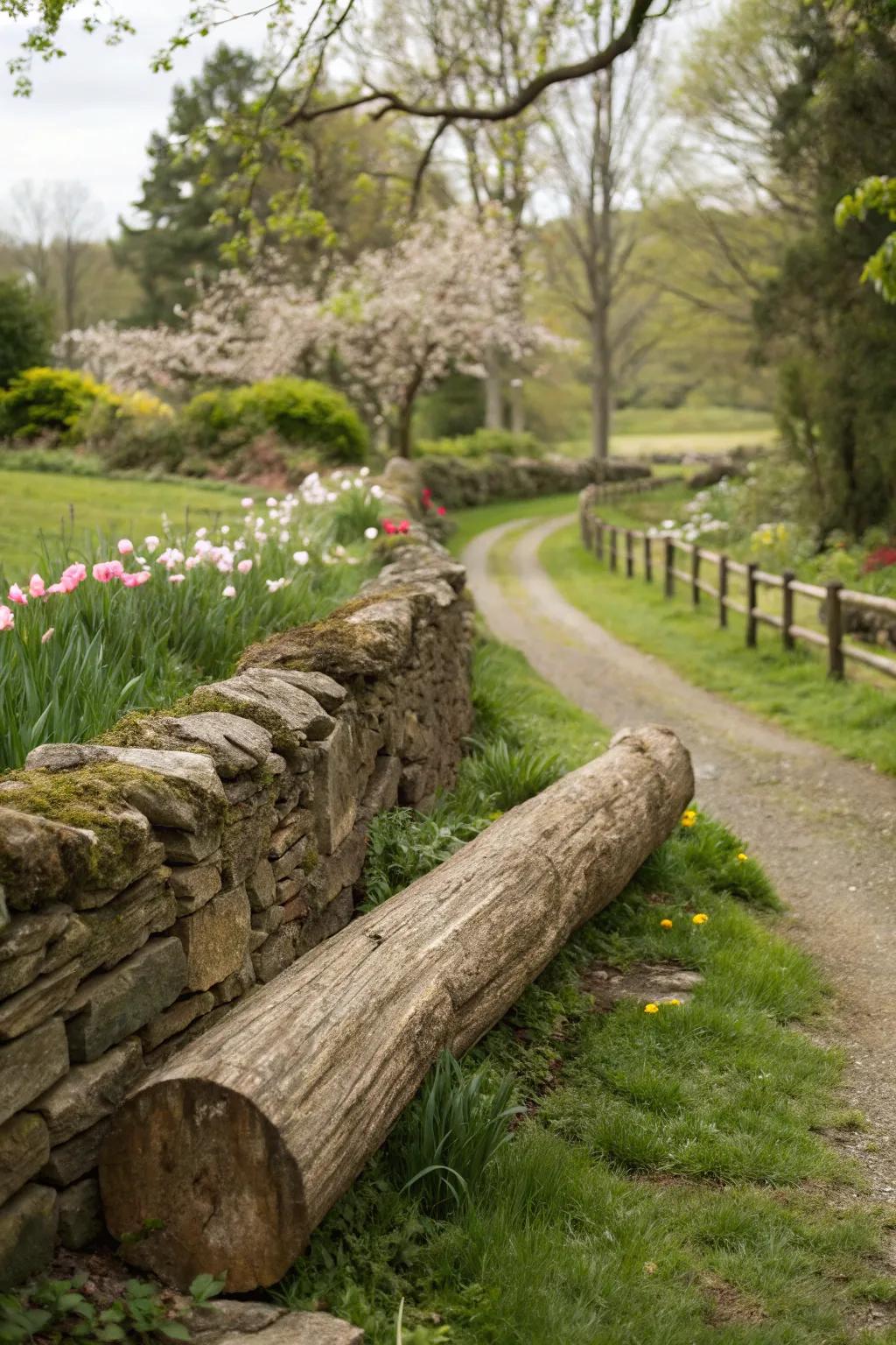 Logs and stones converge to craft a refined, rustic fence in a countryside garden.
