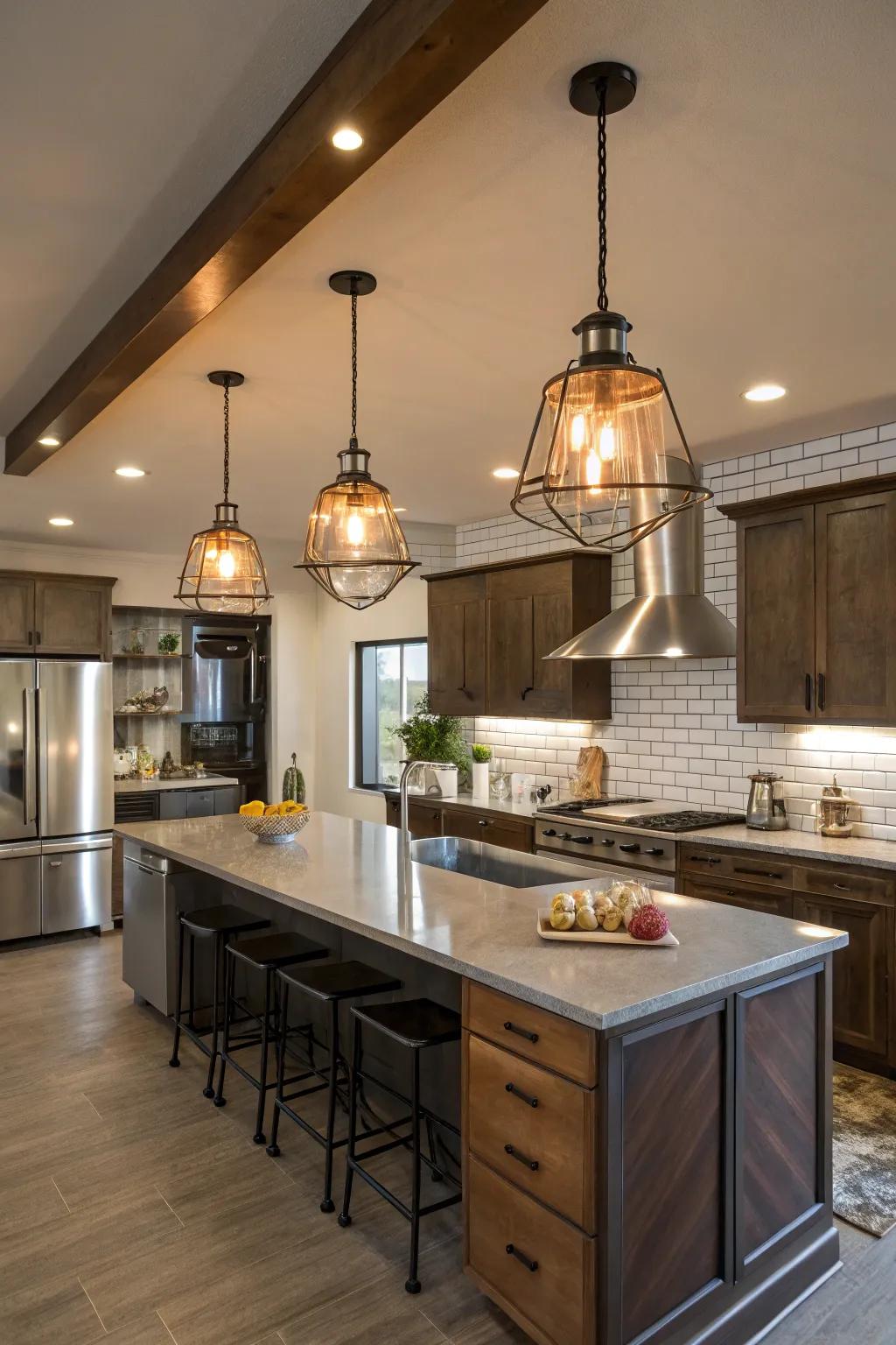 Industrial lighting adds a modern touch to this farmhouse kitchen.