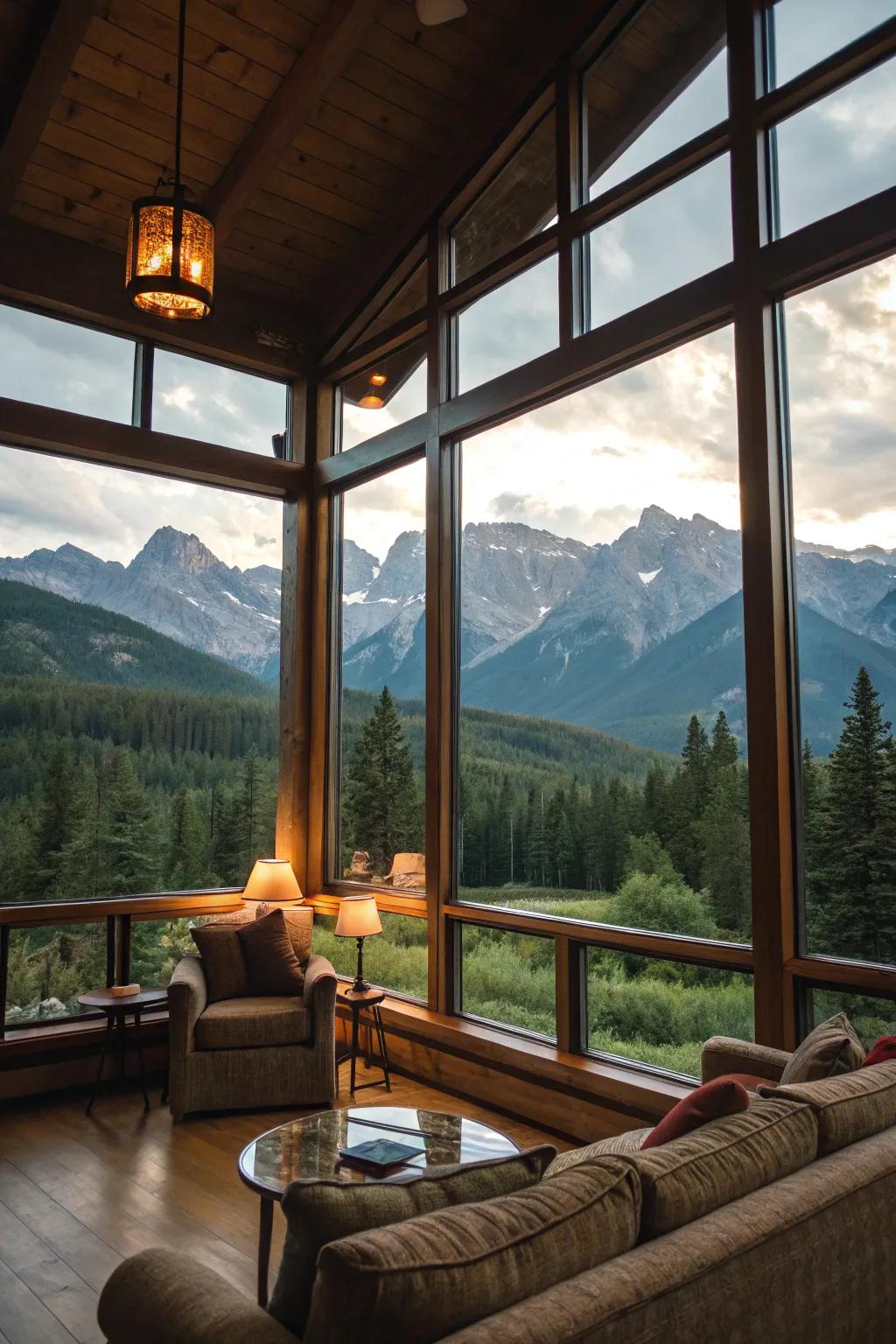 Large windows offer stunning views and fill the space with natural light.